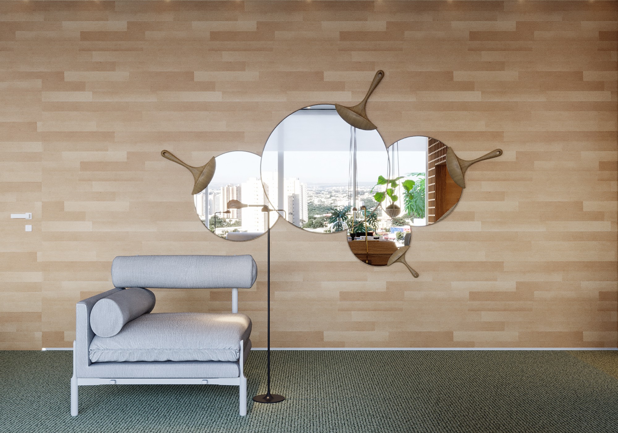 ESPELHO DE PAREDE CHUVA COMPOSICAO E POLTRONA PRETO E BRANCO 01